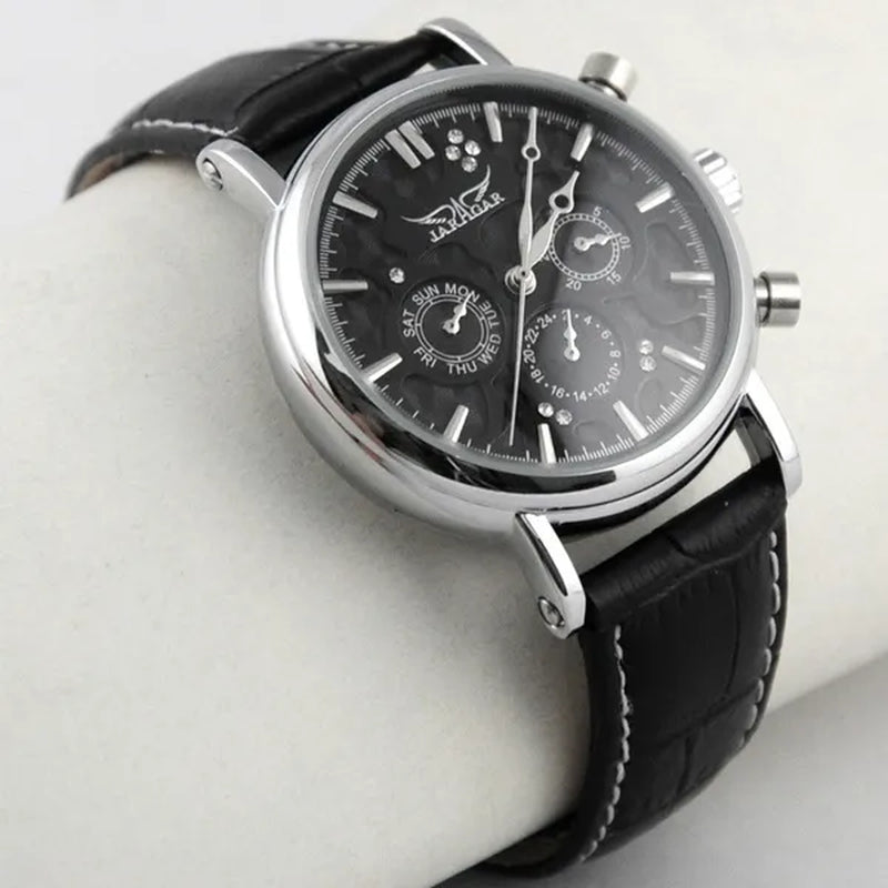 JARAGAR Automatic Mechanical Genuine Leather Strap Wrist Watch Luxury Gift for Men Fashion White Crystal Diamond Jewelry Accessories