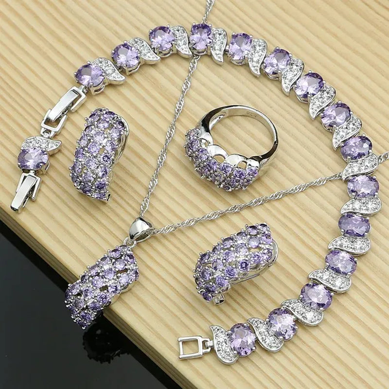 Silver 925 Gemstones Jewelry Sets for Women Ring Earrings Necklace Sapphire Ruby Amethyst Female Wedding Wholesale