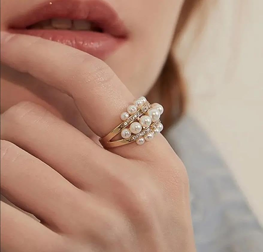 Pearl Rings for Women - Freshwater Gold Pearl Stackable Beaded Open Adjustable Boho Vintage Thumb Midi Pinky Knuckle Rings - Christmas Jewelry Gifts
