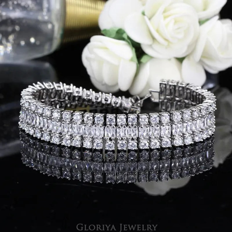Gloriya Excellent Quality round and Square CZ Zirconia Big Wide Bracelets for Women White and Green 2 Color Bracelets & Bangles