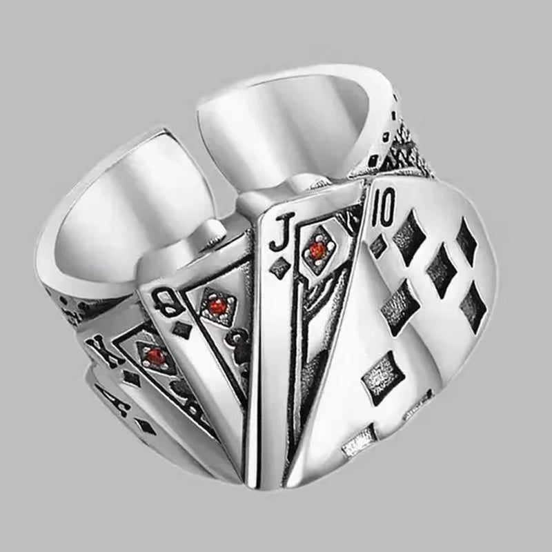 Flush Poker Ring Men and Women's Personality Domineering Retro Made Old Diamond Set Square Open Size