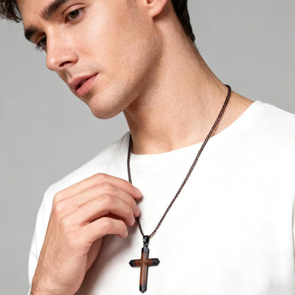Cross Necklace for Men, Real Ebony Wooden Mens Cross Necklace Black Stainless Steel Christian Handmade Wood Pendant for Men, 24 Inch Box Chain
