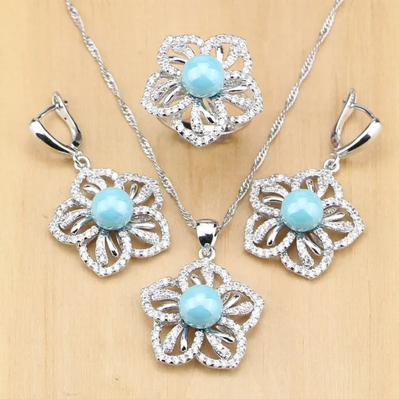 Flower 925 Silver Jewelry Set Blue Pearl With Beads Pendant Drop Earrings Rings Necklace  For Women - WORLD TIME VISITS