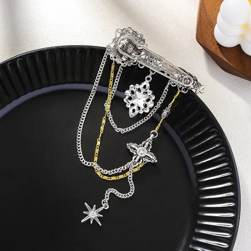 Fashion Black Six-Pointed Star Crystal Tassel Pendant Brooch Retro Pin Baroque Gemstone Decoration Simple Personality Rhinestone Zircon Square Flower Brooch Women and Men Unisex Clothing Accessories Wedding Engagement Bride Anniversary Party Jewelry Gift