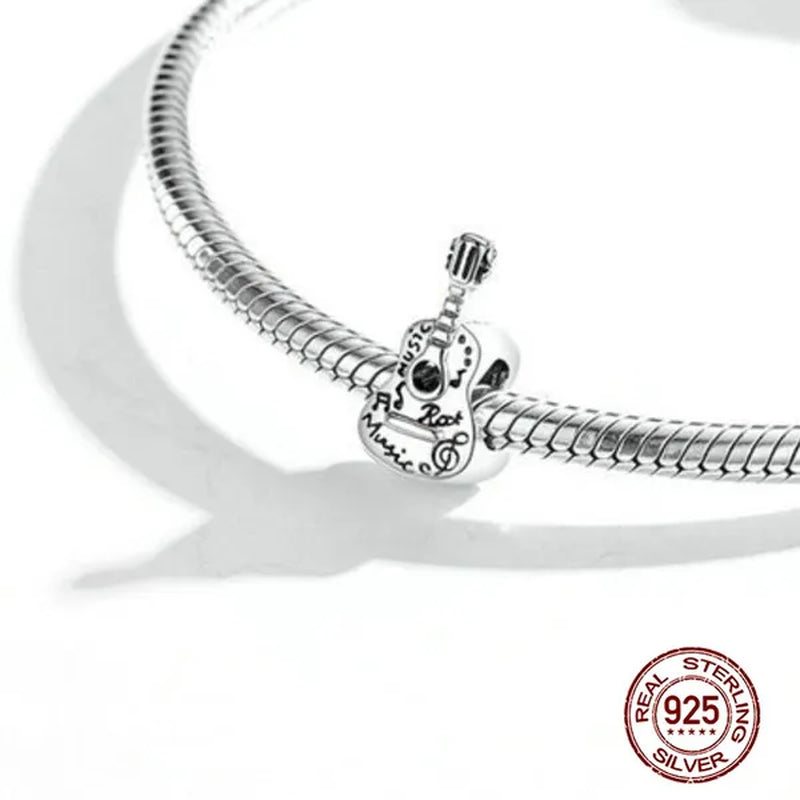 Fashion 925 Sterling Silver Simple Guitar Charm Fit Original Bracelet Diy - WORLD TIME VISITS