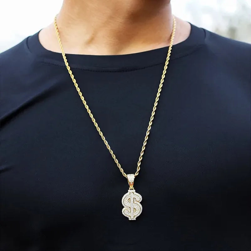 Full Diamonds Heart Shape / US Dollar Symbol Pendant with 24" Rope Chain Necklace Iced Out Brass Jewelry for Man Woman