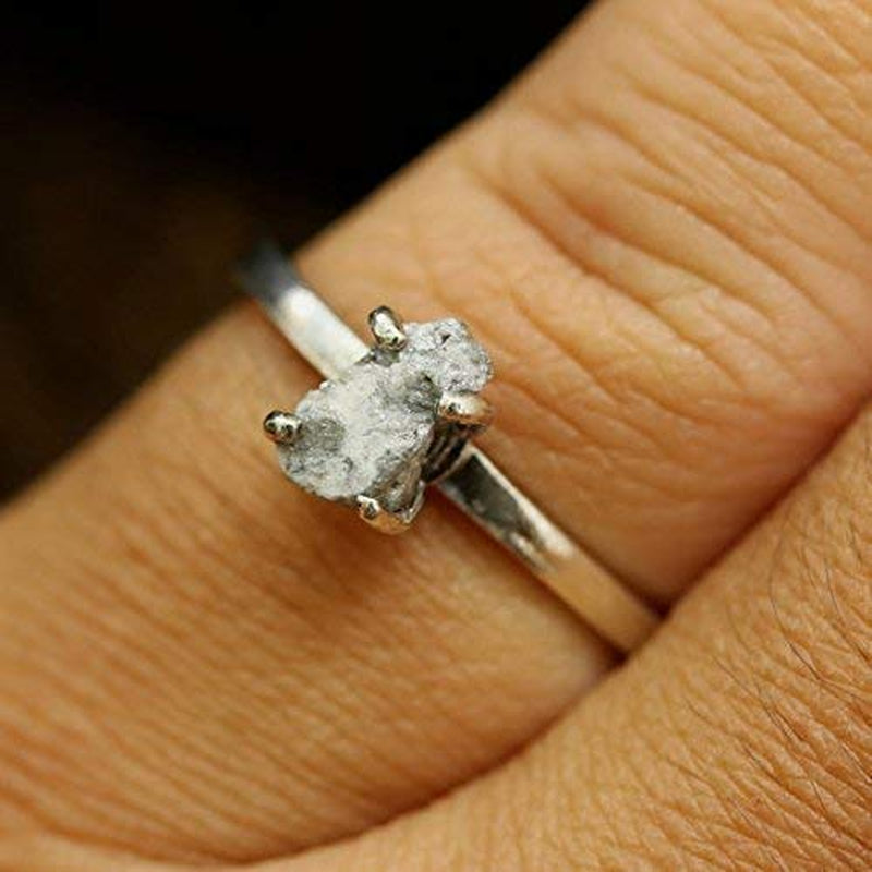Real White/Grey Rough Diamond Ring in Prongs Setting with Sterling Silver High Polished Band