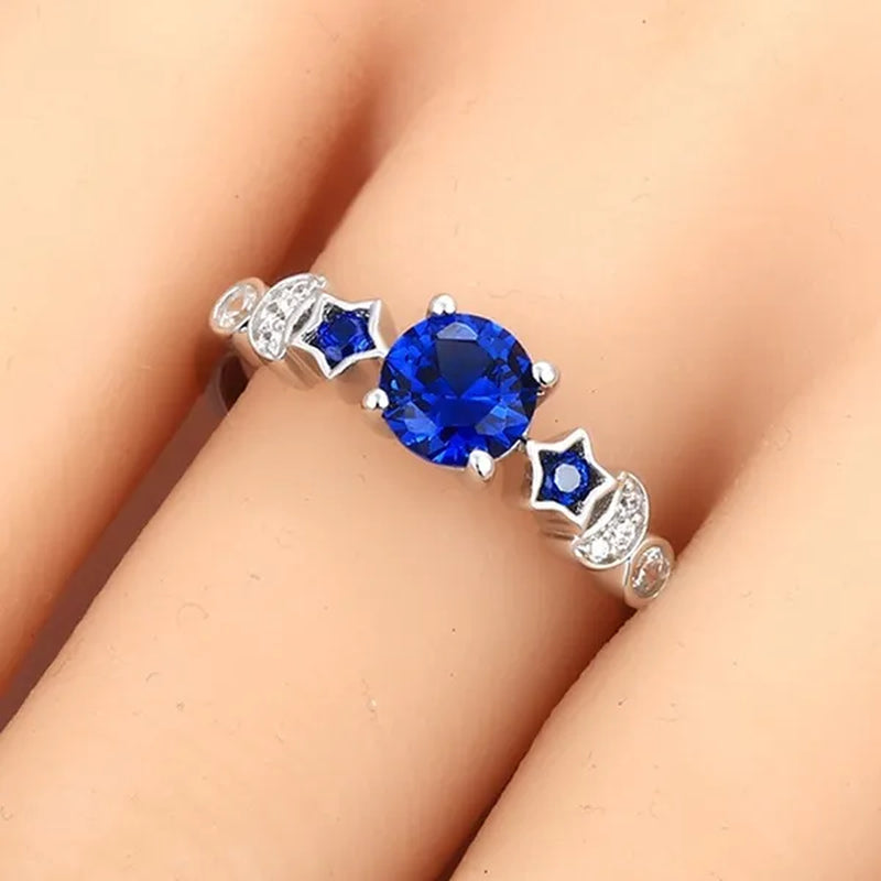 Romantic Moon and Stars Engagement Ring Set 925 Sterling Silver CZ Blue Sapphire Diamond Promise Rings Fashion Cocktail Party Jewelry Bridal Wedding Band Size 6-10 - WORLD TIME VISITS
