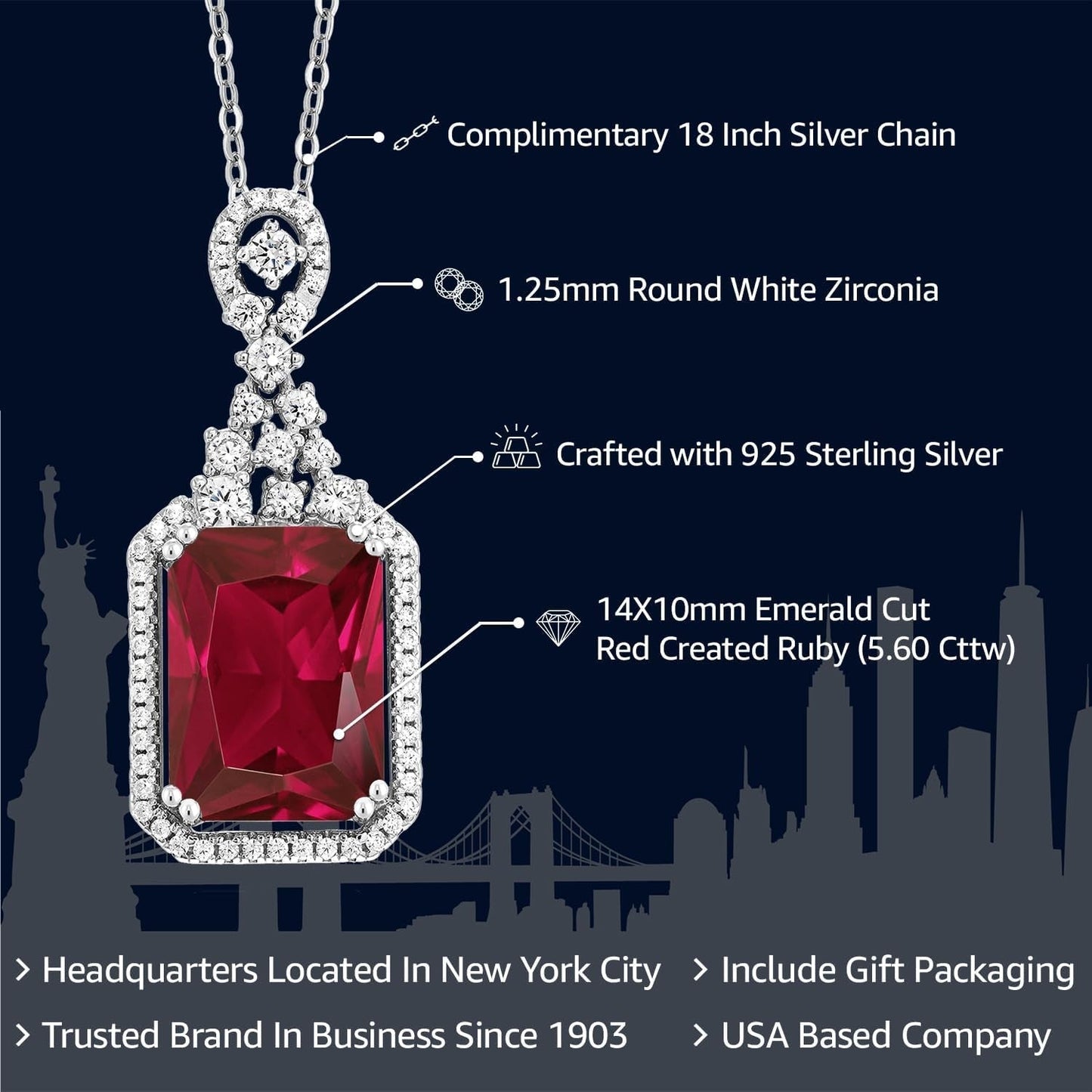 5.60 Cttw Red Created Ruby Pendant Necklace for Women | 925 Sterling Silver | Emerald Cut 14X10MM | with 18 Inch Silver Chain - WORLD TIME VISITS