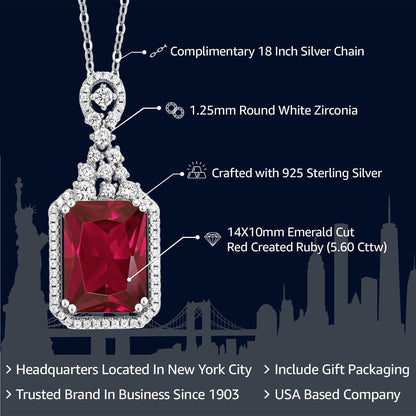 5.60 Cttw Red Created Ruby Pendant Necklace for Women | 925 Sterling Silver | Emerald Cut 14X10MM | with 18 Inch Silver Chain - WORLD TIME VISITS