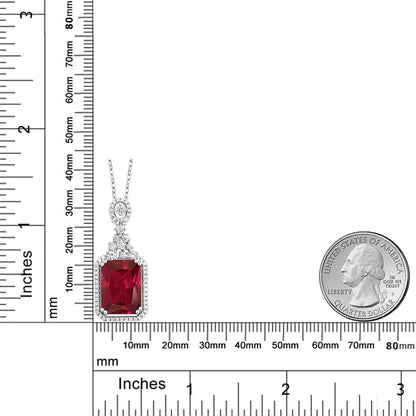 5.60 Cttw Red Created Ruby Pendant Necklace for Women | 925 Sterling Silver | Emerald Cut 14X10MM | with 18 Inch Silver Chain