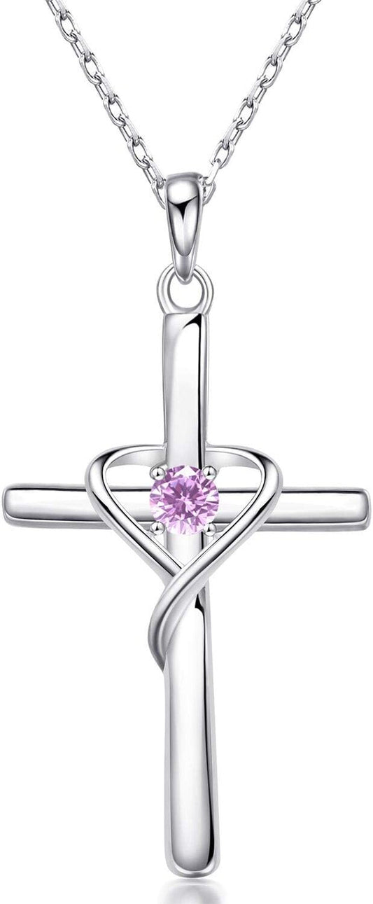 925 Sterling Silver Cross Necklace for Women Men 5A CZ Birthstone Necklaces 14K Gold Plated or Rose Gold Necklace for Easter or Holiday