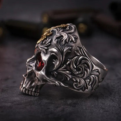 Vintage 316L Stainless Steel Carved Exquisite Pattern Skull Ring Men's Ruby Ring Antique Art Totem Ring Gothic Punk Jewelry Gift