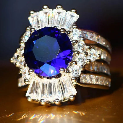 So Beautiful  Silver Natural Gemstones Sapphire And White Sapphire Wedding Birthstone Bride Engagement Anniversary Brand Big Ring Jewelry Size 6 7 8 9 10