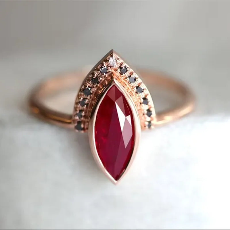 1PC Rose Gold Natural Rhombus 2 In 1 Ruby Engagement Ring Marquise Bridal Wedding Ring with Black Diamonds Women Ruby Ring Diamond Fine Jewelry