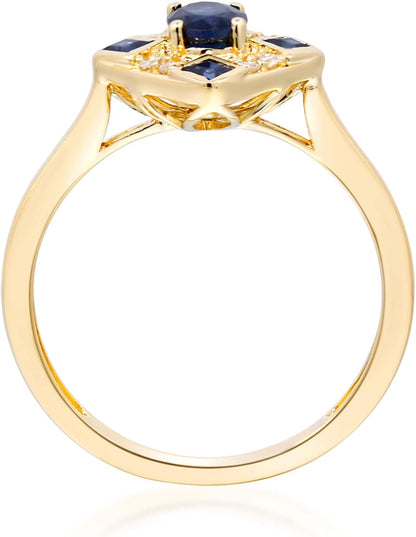 10K Yellow Gold Genuine Blue Sapphire Ring with Diamonds for Women | Ethically, Authentically & Organically Sourced (Oval-Cut) Shaped Sapphire Hand-Crafted Jewelry for Her | Sapphire Ring for Women