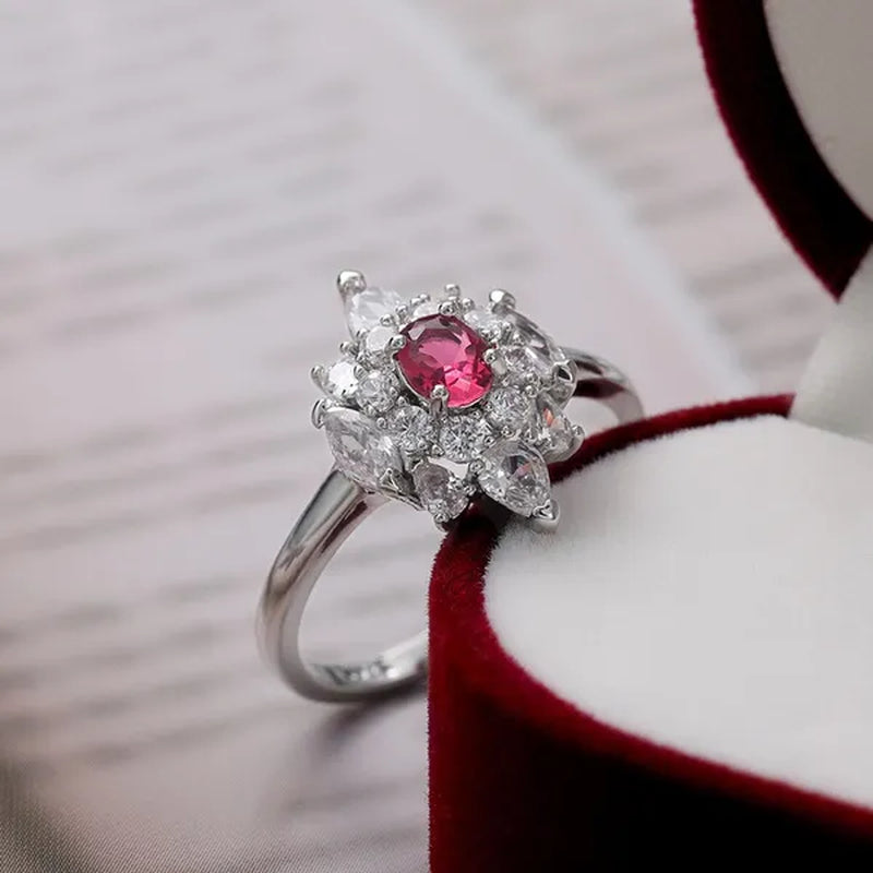 Luxury Noble Silver Plated 4 Prong Oval Cut Ruby Inlay Irregular White Sapphire Ring for Women Engagement Party Wedding Jewelry