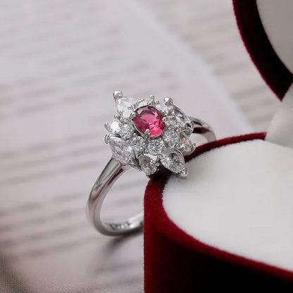Luxury Noble Silver Plated 4 Prong Oval Cut Ruby Inlay Irregular White Sapphire Ring for Women Engagement Party Wedding Jewelry