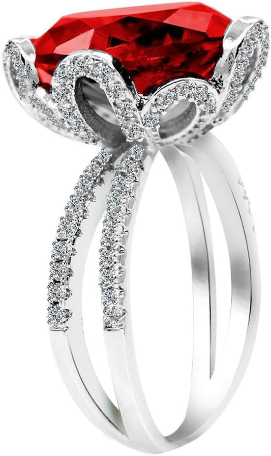 Female Unique Beautiful Red Flower Engagement Wedding Ring - Charm Created Garnet Diamond Jewelry for Women (Size 6 7 8 9 10) RJ212 - WORLD TIME VISITS