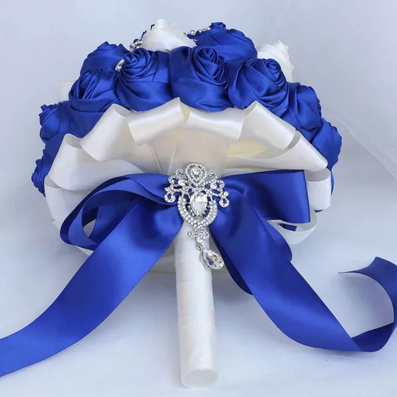 Exquisitely Handmade Ribbon Diamond Bridesmaids Holding Flowers 21CM Pearl Rhinestone Brooch Bridal Bouquet Artificial Silk Rose Wedding Flower Bouquet