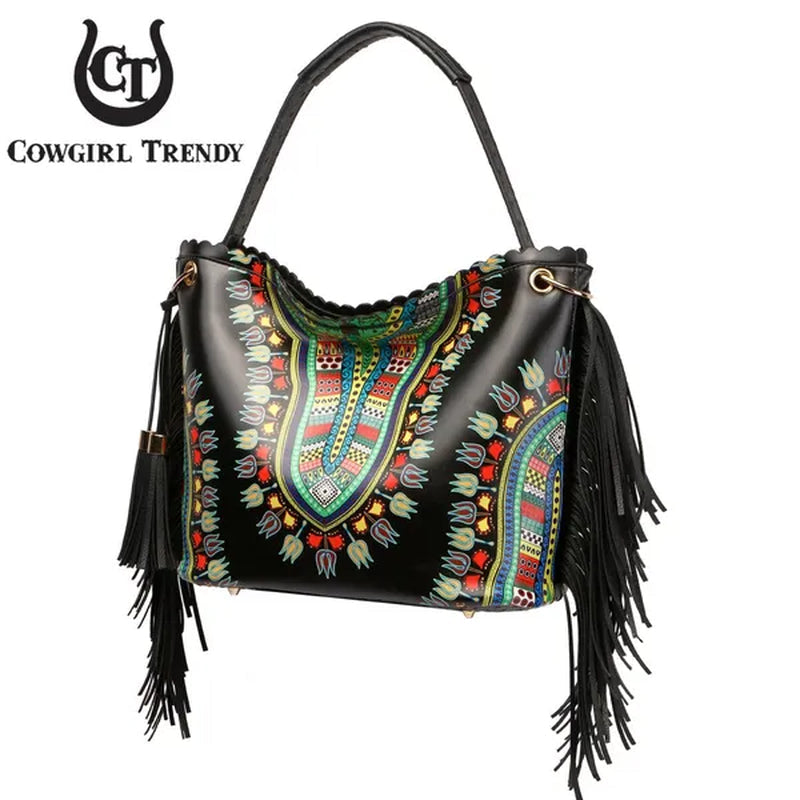 Bright African Bohemian Dashiki Ostrich Fringe Tassels Western Country Handbag Women Shoulder Bag Wallet Set Black