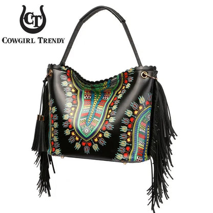 Bright African Bohemian Dashiki Ostrich Fringe Tassels Western Country Handbag Women Shoulder Bag Wallet Set Black