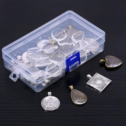 48-Pieces 4 Styles Pendant Trays 24Pcs round & Square & Heart & Teardrop and 24Pcs Bright Glass Cabochon Dome Tiles for Crafting DIY Jewelry Gift Making