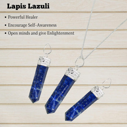 Lapis Lazuli Crystal Pencil Point Pendant Necklace with Adjustable Cord - Natural Healing Crystals and Stones for Men, Women