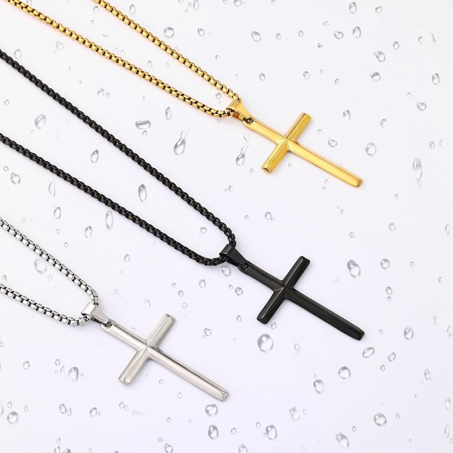 Beveled Edge Cross Necklace for Men, Silver Tone/Black/14K Gold Plated Mens Cross Necklace, 2.5MM Stainless Steel Box Chain with Pendant