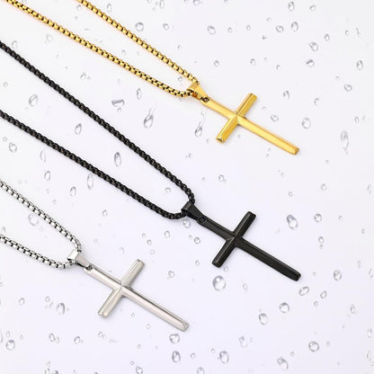 Beveled Edge Cross Necklace for Men, Silver Tone/Black/14K Gold Plated Mens Cross Necklace, 2.5MM Stainless Steel Box Chain with Pendant