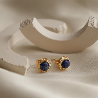 Gempires Lapis Lazuli Stud Earrings, Hypoallergenic round Stud Earrings, Trendy Western Antiqued Style, September Birthstone Jewelry, Party Wear, 14K Gold Plated, Gift for Mom Wife S Daughter