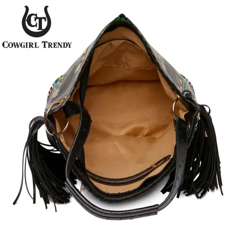 Bright African Bohemian Dashiki Ostrich Fringe Tassels Western Country Handbag Women Shoulder Bag Wallet Set Black