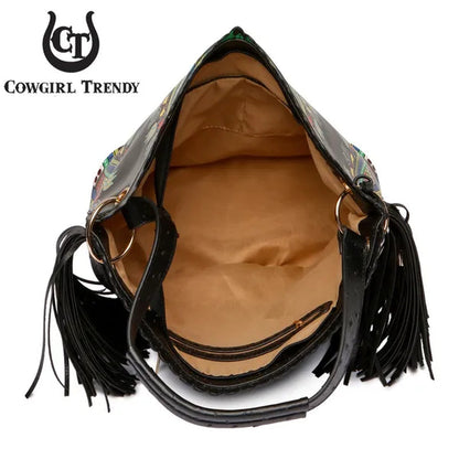 Bright African Bohemian Dashiki Ostrich Fringe Tassels Western Country Handbag Women Shoulder Bag Wallet Set Black