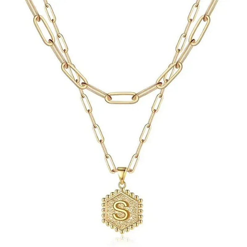 Dainty Layered Initial Necklaces for Women, 14K Gold Plated Paperclip Chain Necklace Simple Cute Hexagon Letter Pendant Initial Choker Necklace Gold Layered Necklaces for Women