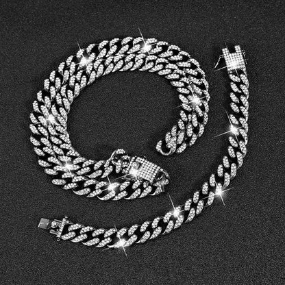 A Set(Bracelet+Necklace) 13MM Width Cuban Link Chain Gold Silver Plated Bling Miami Cuban Necklace Bracelet Diamond Chain for Fashion Men and Women Iced Out Hip Hop Jewelry Set