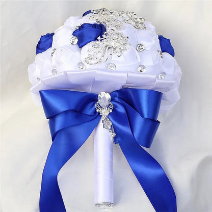 21CM Silver Rhinestone Bridal Hand Flowers Ribbon Wedding Hand Bouquet Mixed Color Silk Rose Diamond Brooch Bridesmaid Bouquet Wedding Supplies