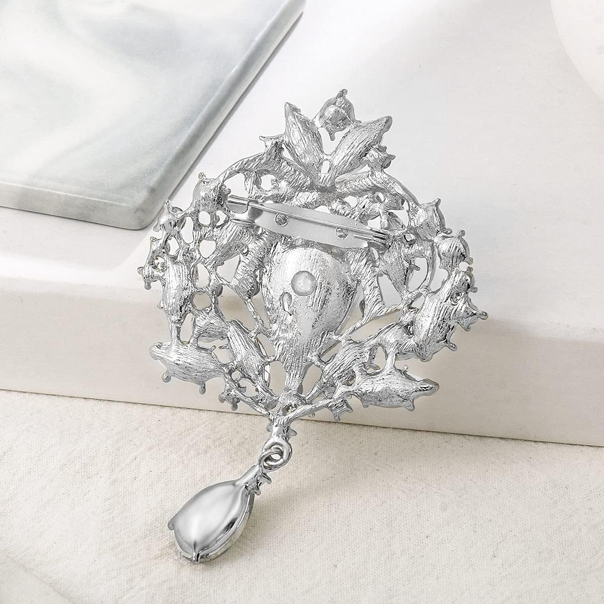 2 Pieces Crystal Rhinestone Marquise Pear-Shaped Teardrop Flower Brooch Pin Set for Women