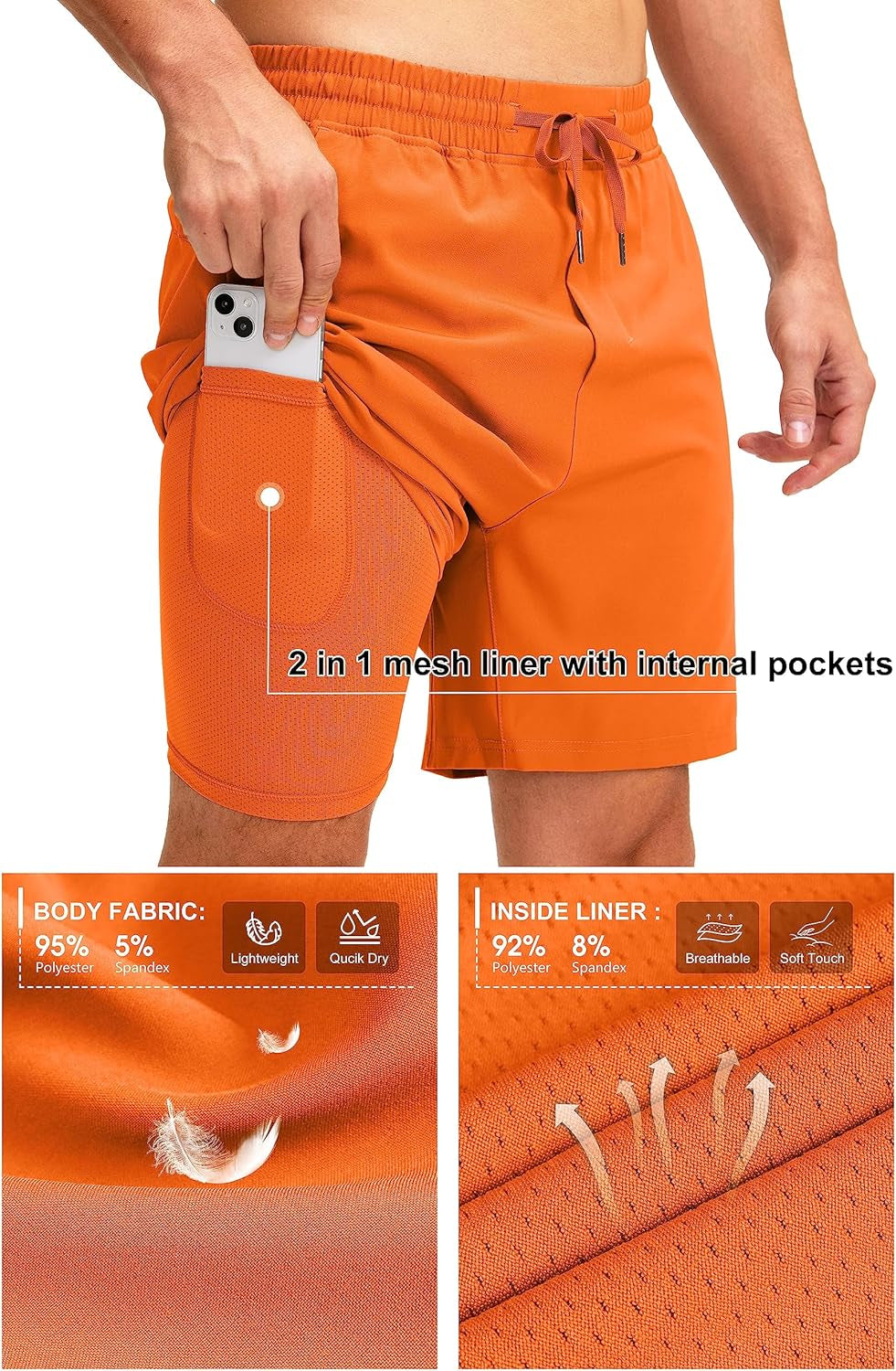 Men'S 2 in 1 Running Shorts with Liner 7 Inch Training Gym Athletic Workout Shorts for Men with Zipper Pockets