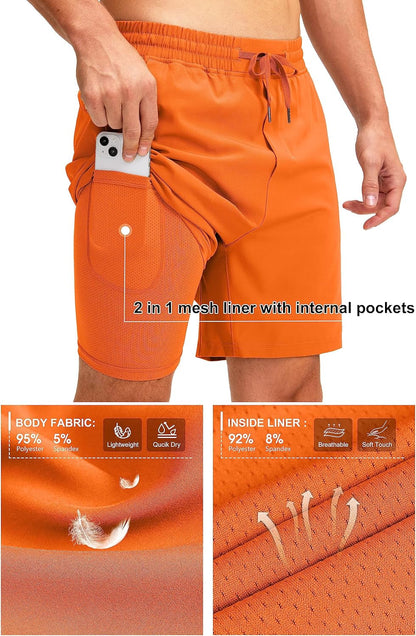 Men'S 2 in 1 Running Shorts with Liner 7 Inch Training Gym Athletic Workout Shorts for Men with Zipper Pockets