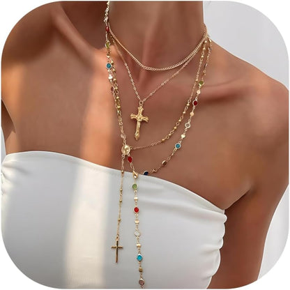 4PCS Layered Gold Cross Necklaces for Women Trendy, Bohemian Bead Pearl Y Long Pendant Necklace Set, Vintage Rosary Necklace Stack Adjustable Length - WORLD TIME VISITS