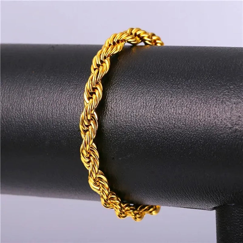 Cool Men Rope Chain Bracelet 6MM 8.3 Inches - 3 Colors Black, Silver, Gold