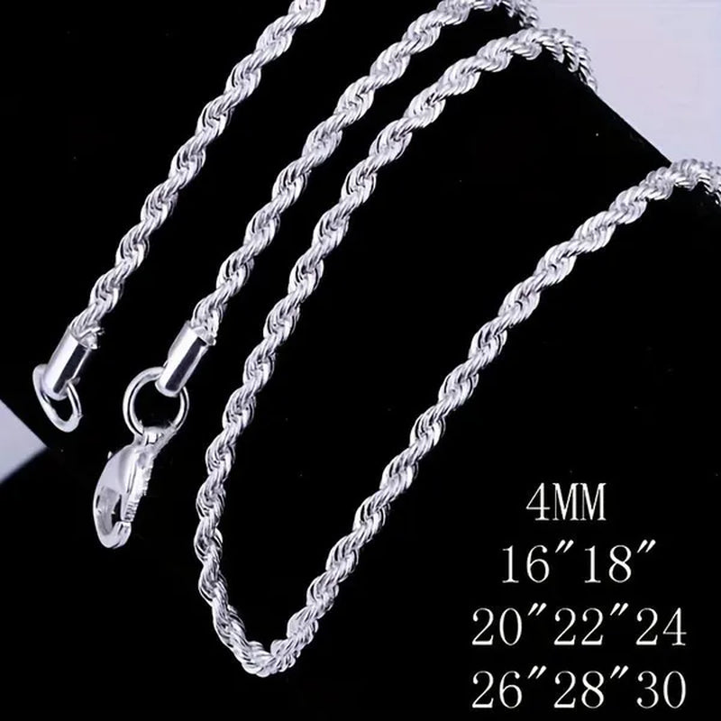 Fashion and Exquisite Men and Women 925 Silver Solid Silver 4Mm Rope Chain Necklace Bracelet (Necklace + Bracelet)
