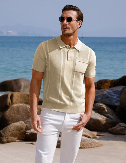 Men'S Knit Polo Shirts Short Sleeve Texture Lightweight Golf Shirts Sweater - WORLD TIME VISITS