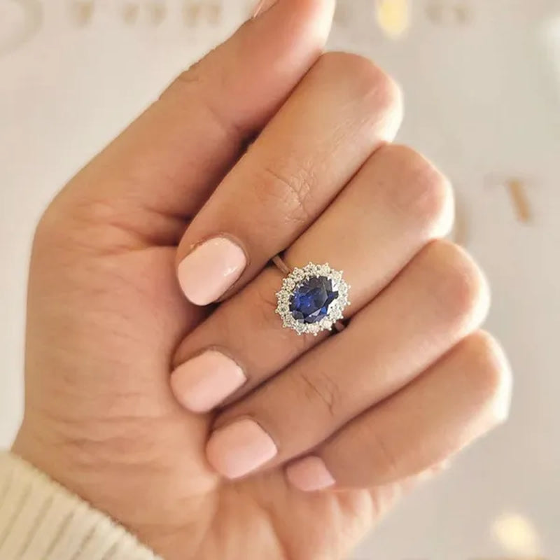 Newshe 6 Carats Oval Created Blue Tanzanite Gemstone Statement Ring for Women AAA CZ Cocktail Party Ring 925 Sterling Silver Sz 5-12