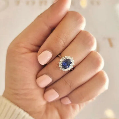 Newshe 6 Carats Oval Created Blue Tanzanite Gemstone Statement Ring for Women AAA CZ Cocktail Party Ring 925 Sterling Silver Sz 5-12