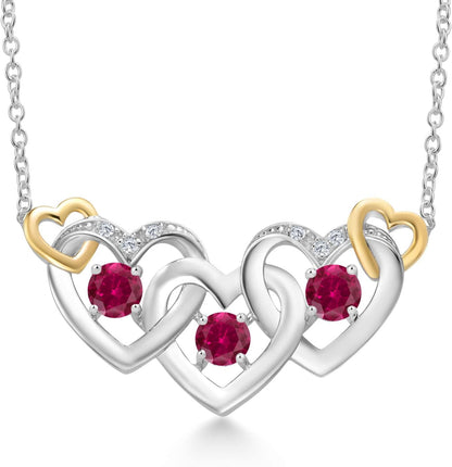 925 Silver and 10K Yellow Gold Red Created Ruby and White Lab Grown Diamond Heart Shape Pendant Necklace for Women (0.81 Cttw, with 18 Inch Chain)