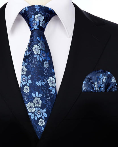 Extra Long Ties for Men Classic Floral Tie and Pocket Square Elegant Silk Necktie Handkerchief Set Wedding Party