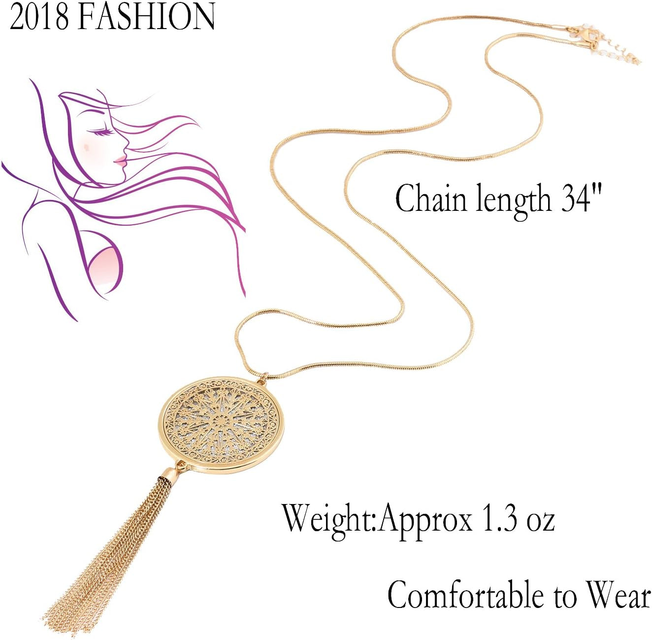 Long Necklaces for Woman Disk Circle Pendant Necklaces Tassel Fringe Necklace Set Statement Pendant
