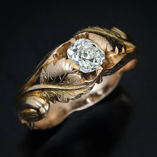 Classic Women's Fashion Natural Gemstones White Sapphire Gold Maple Leaf Ring Anniversary Gift Engagement Wedding Band Rings Jewelry Size 5-10