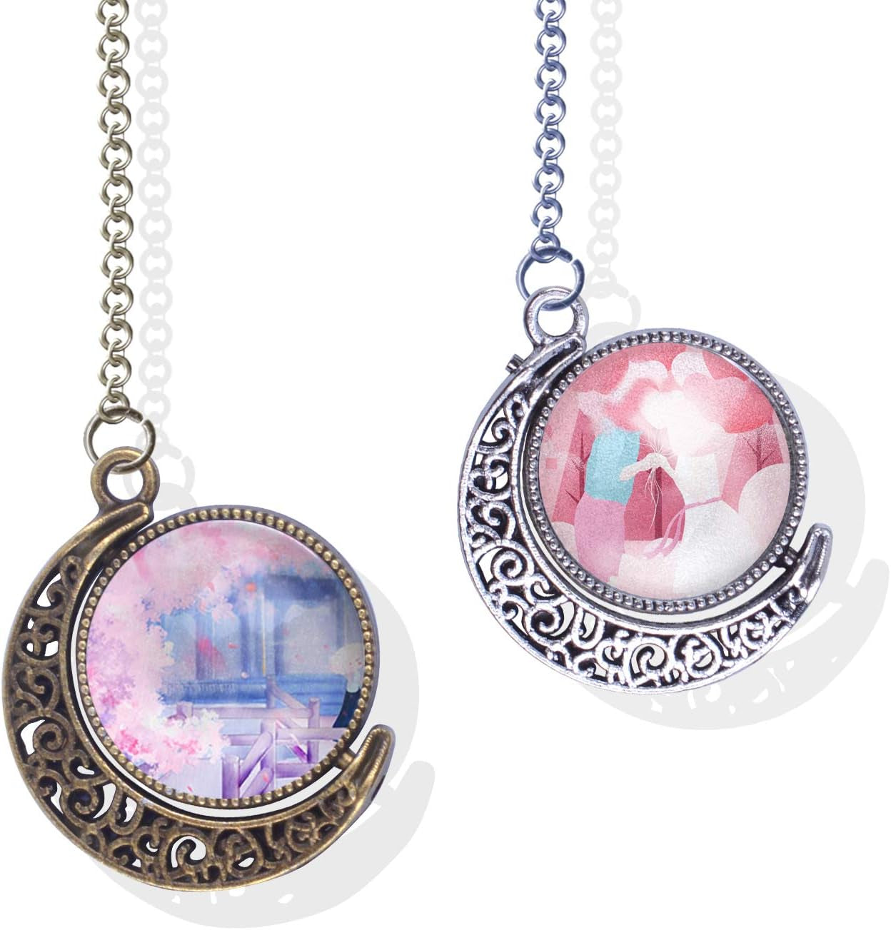 Moon Rotation Double Side Pendant Trays Kits in Box, 12 Pieces Pendant Tray with 24 Pieces Glass Cabochons Clear Dome 18Mm Blank, 2 Colors Bezels